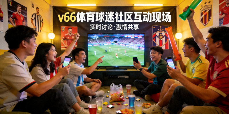 v66体育球迷社区互动场景 - 球迷们在屏幕前热烈讨论比赛